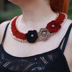 Knitted Necklace With Semiprecious Stones Silk Yarn Flower